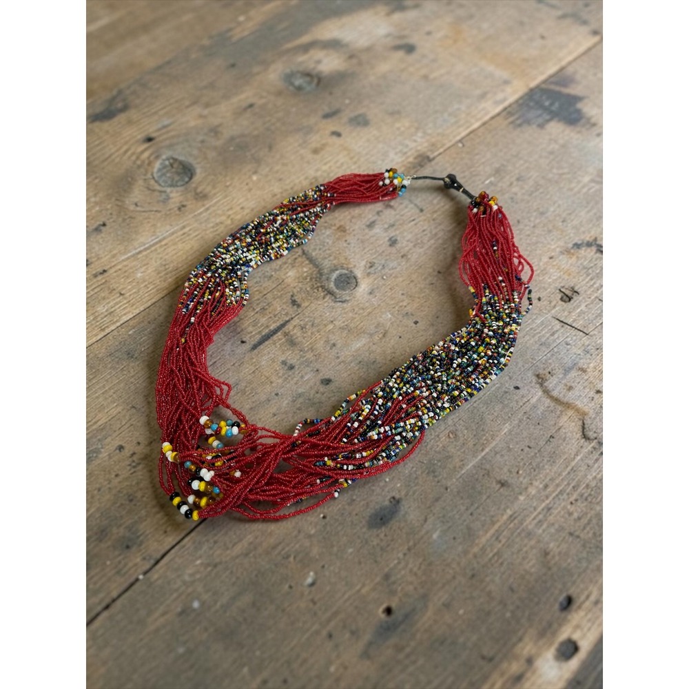 Multi Strand Seed Bead 32" Necklace Red Multi Statement Boho Bib